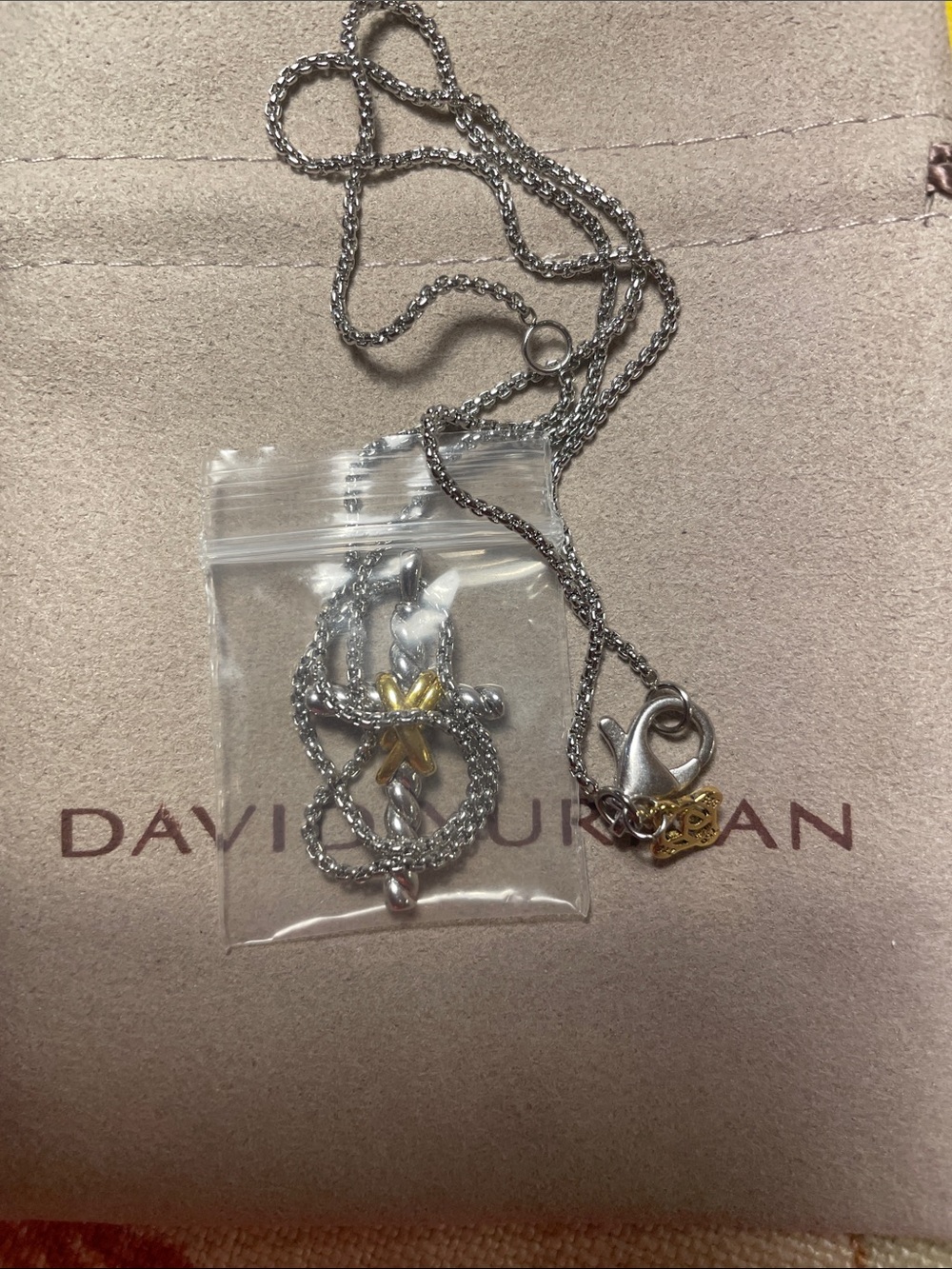 David Yurman Silver Gold Cable Cross Pendant Adjustable Necklace - Picture 6 of 8